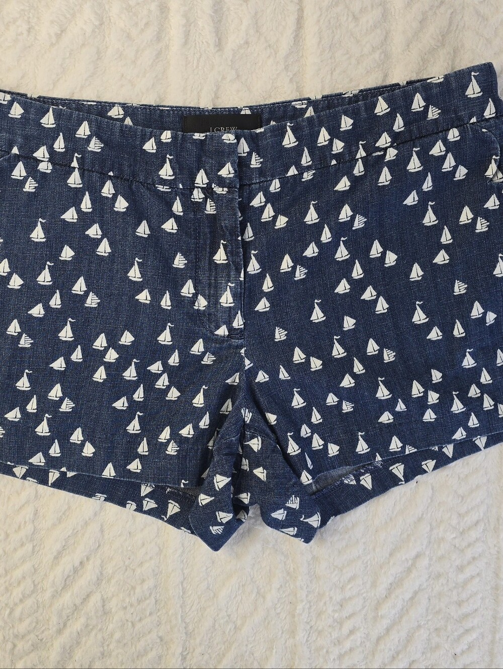 J. Crew Chambray Shorts Blue White Sailboat Novelty Print Preppy Nautical 4